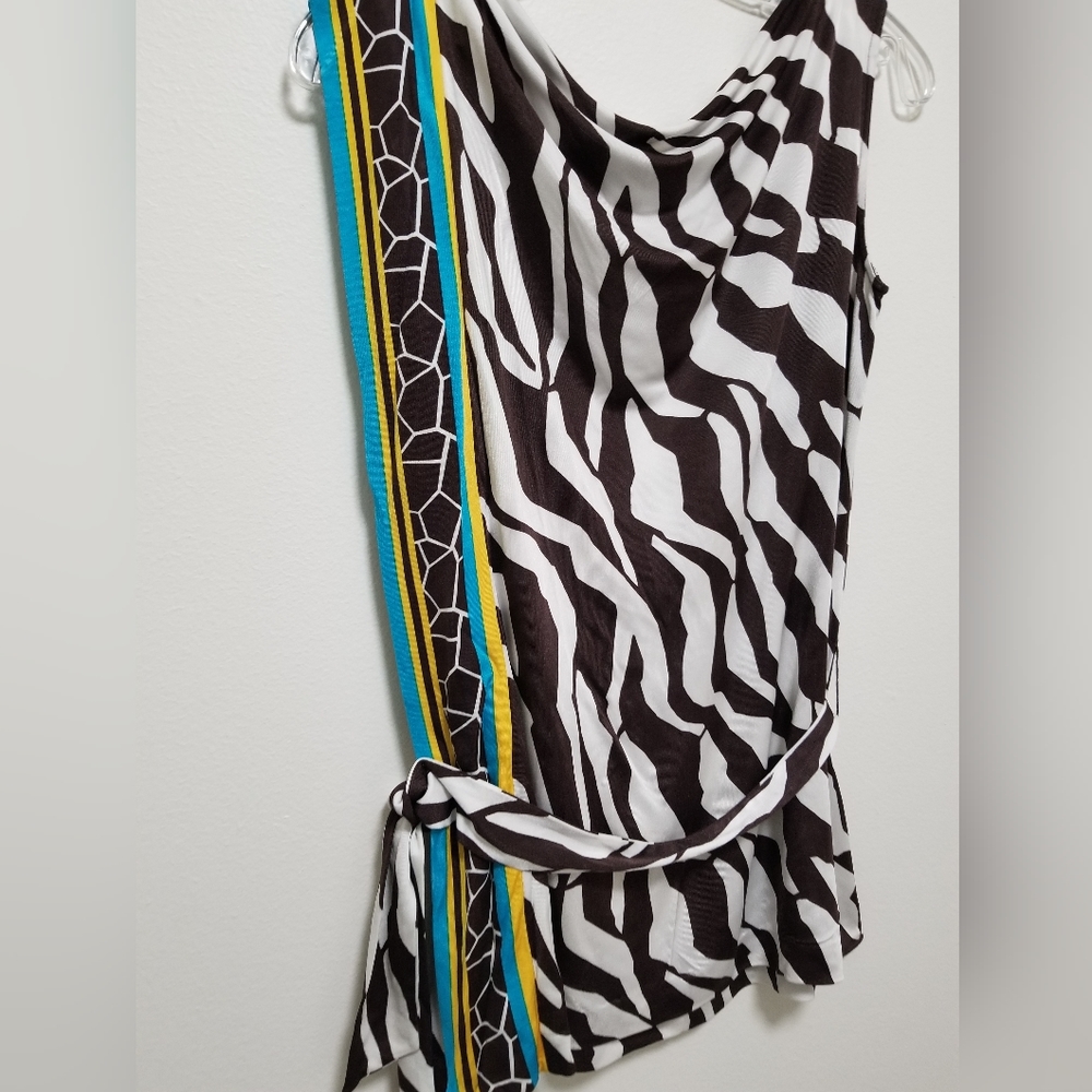 Escada Brown Animal Print Combo Jersey Blouse Belted Sleeveless Size Small - Picture 8 of 12